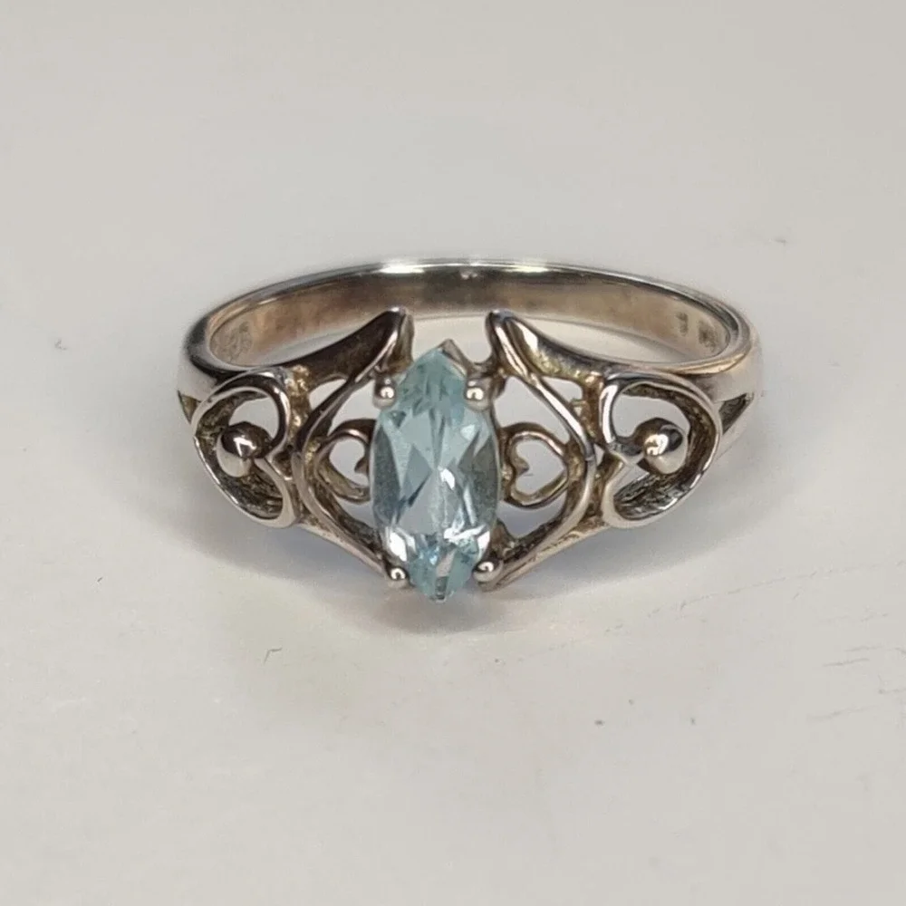 Sterling Silver 925 Blue Oval Topaz December Birthstone Ring Double Heart Size 7